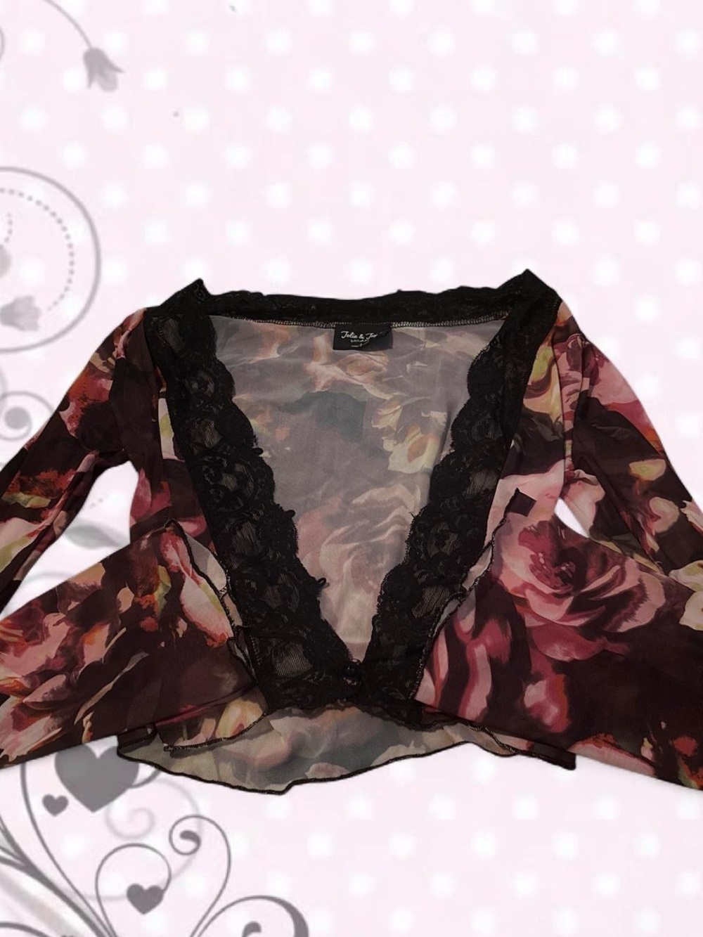 Fashion Nova Sheer Floral Lace-Trim Wrap Top - Burgundy/Pink